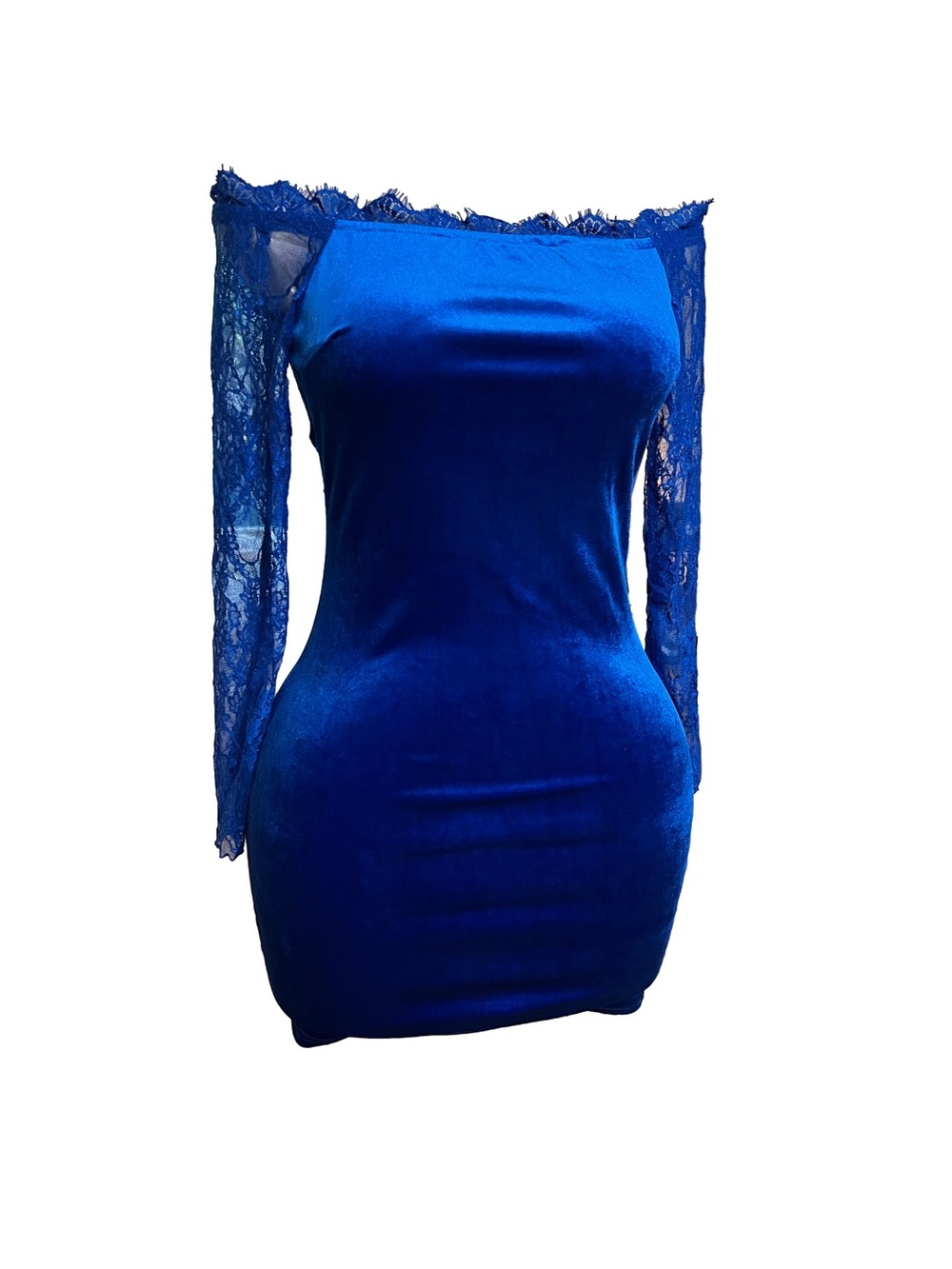 Royal Blue Off Shoulder Velour Lace Bodycon Mini Dress - Picture 8 of 10
